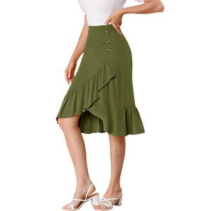 High Waisted Button Decor Asymmetrical Ruffle Hem Skirt Army Green